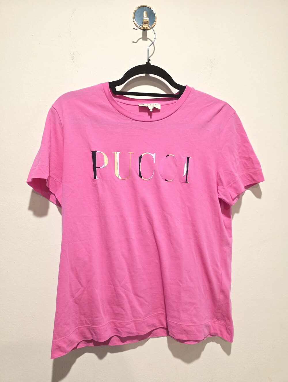 Emilio Pucci Womens L Pink Logo Graphic T-Shirt Made in Italy Designer Tee AUTH
